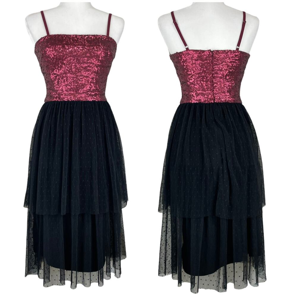 Dress The Population NWT Kady Sequin Block Print Tiered Tulle Dress Pink Size XS